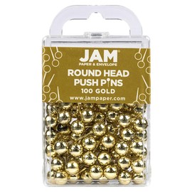 JAM PAPER Colorful Push Pins - Round Head Map Thumb Tacks - Gold Pushpins - 100/Pack