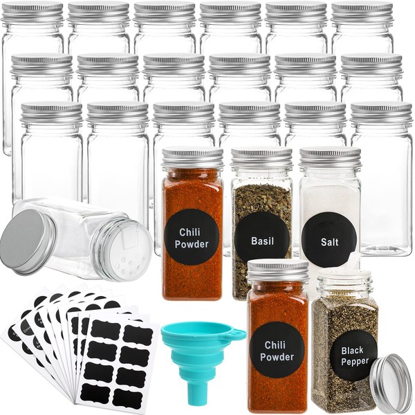 WUWEOT 24 Pack Plastic Spice Jars, 120ml Spice Bottle Square Seasoning Containers, Reusable Salt Pepper Shaker with Airtight Lid Labels and Funnel for Spice, Herbs, Powder and Glitters