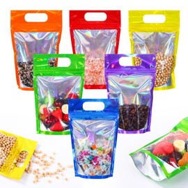Sinload 120 Pcs Christmas Plastic Gift Bag Bulk Resealable Party Goodie Bag with Clear Window Assorted Color Favor Bag with Handle for Home Xmas Candy Gift Wrapping Supplies Decor,5.5 x 8.7 in(Laser)