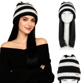 Benehair Beanie Wig for Women with Hair Attached 11'' Straight Synthetic Hair Extensions Knitted Hat Keep Warm in Winter Natural Black