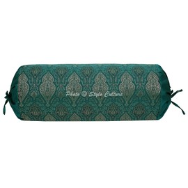 Stylo Culture Indian Decorative Diwan Bolster Cushion Cover Emerald Green Floral Jacquard Weave Round Neck Pillow Traditional Damask Cylindrical Brocade Pillow Cover - (76x38 cm) | 1 Pc (Cover Only)