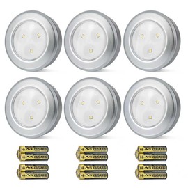 HONGUT Wireless LED Puck Lights, Touch Activated Tap Ligh Push Light,Battery Operated Stick On Lights for Under Cabinet, Kitchen, Closet & Counters, 6-Pack,Silver (3 AAA Batteries Included)