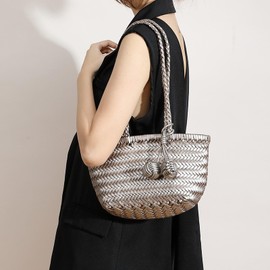 OUYGZOU Woven Shoulder Bag for Women, Mini Hobo Purse, Cute Bucket Totes, Small Underarm Bags, Beach Top-handle Handbag, Sliver Grey