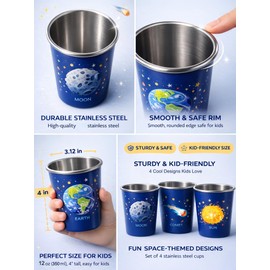 Zorythm 4 Pack 12 oz Stainless Steel Kids Cups, Children's Pint Cups, Stackable Metal Cups for Children and Toddlers, Shatterproof Drinking Glasses for Home, Camping, Party (Blue)