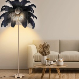 Fivemengo Feather Floor Lamp for Living Room, Fluffy Ostrich Feathers Lamp, Rose Gold Color Body, 3 Color Temperatures Modern Funky Arc Tall Standing Lamp for Bedroom Inclued Bright LED Bulbs (Black)