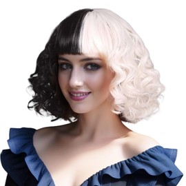 IMISSU Half Black and White Wig Wavy Women's Curly Costume Wigs Lolita Cosplay Wig For Halloween Carnival Party (Short Black and White)