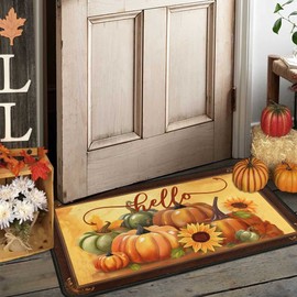 Fall Door Mat Outdoor, Farmhouse Pumpkins Sunflower Doormat, Funny Autumn Welcome Mat for Entrance Home Decor, Thanksgiving Rustic Yard Decorative Floor Mat for Home Front Door Indoor (30"x17")