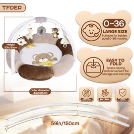 TFDER 6-in-1 Baby Gym Play Mat Plush, Tummy Time Mat with Removable Toys, Baby Activity Gym for Infant to Toddler Motor Skills and Sensory Development, Baby Essential Gift（Bear）