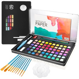 JeeLeeko Kit de Acuarelas 60 Colores con Estuche de Metal, Set de Pintura Acuarela con Papel, Pinceles, Pluma de Agua, Paleta y Accesorios, Material A