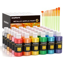 AnyMark Metallic Acrylic Paint, 36 Colors with 12 Brushes, 2 fl oz/60ml Bottles, Glitter Acrylic Paint Set for Kids Adults Canvas, Rock, Wood