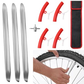 3 x 28 cm mounting lever tyres, 4 x tyre mounting rim protection, tyre change lever, rim edge protection with 4-way valve insert, storage bag, car rim protector for motorcycle, bicycle