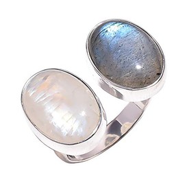 925 Sterling Silver Ring, Natural Rainbow Moonstone, Labradorite Gemstone Women Jewelry (Q)