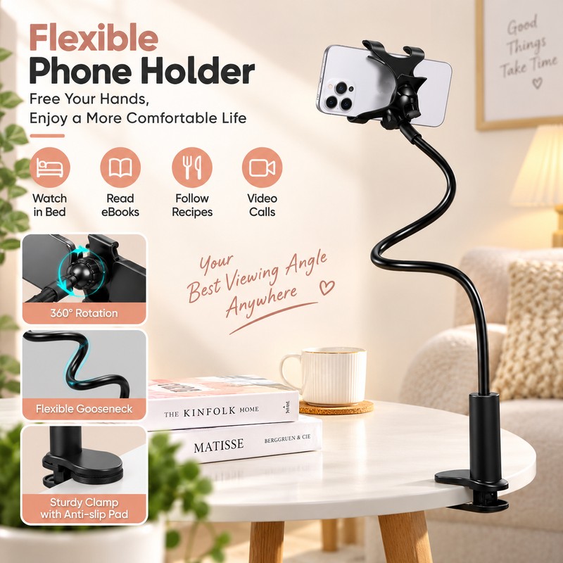 Flexible Long Arm Phone Holder for Hands-Free Viewing – Adjustable