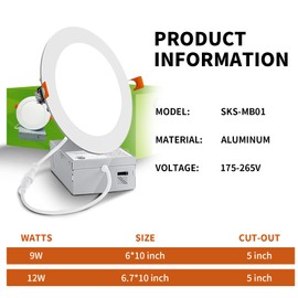 Nirvruxs 12 Pack 6 Inch White 5CCT Ultra-Thin LED Recessed Ceiling Light, 2700K-5000K Optional, with Junction Box, Dimmable Tankless Wafer Downlight 12W Equivalent 110W, 1020LM High Brightness, ETL