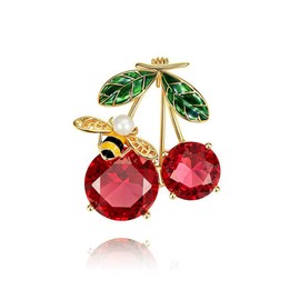 Cute Bee Cherry Rhinestone Brooch Pin for Women Girls Fashion Gold Tone Shell Pearl Red CZ Enameled Animal Fruit Brooches Lapel Pins Dainty Dress Accessories Jewelry for Hat Bag Suit Tie