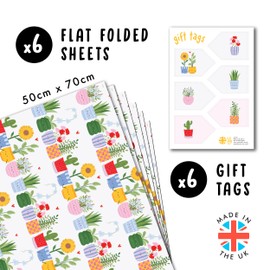 Geschenkpapier mit Blumenmuster – Blumentöpfe – 6 Blätter für Weihnachten, Ostern, Hochzeit, Babyparty, Valentinstag – Für Frauen, Töchter – Mit Etiketten