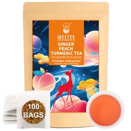 WT WEETEE Ginger Peach Turmeric Tea, 2.5g 100 Count Ginger Turmeric Tea Bags with Cinnamon Hibiscus Rosehip Cardamom Chamomile Hawthorn and More, Natural Caffeine Free Herbal Tea