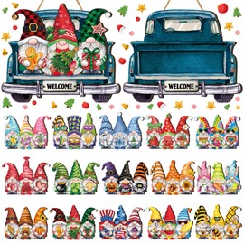 Wenqik 16 Pcs Interchangeable Welcome Sign Rustic Truck Changeable Gnomes Front Door Sign with Interchangeable Holiday Icons Seasonal Decor for Farmhouse Home Porch (Dark Blue,13.78 x 10.9 Inch)
