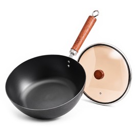 10.2-Inch Carbon Steel Wok Frying Pan with Lid, Flat Bottom