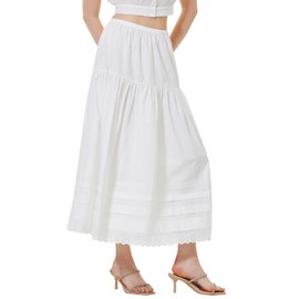 BEAUTELICATE Women's White Tiered Maxi Skirt Cool Cotton Midi A-line Skirt Vintage Casual Boho Long Short Skirt with Lace Trim for Summer Hot Days Holidays(Off White-Maxi Style, S)