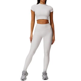 Women’s 2 Piece Workout Set – Short Sleeve Crop Top & High Waist Leggings – Yoga Outfit Activewear for Gym, Running & Training