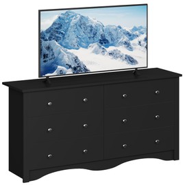 Furmax 6 Wood Drawers Dresser for Bedroom, Double Dresser for TV up to 65 inch, TV Stand Storage Chest of Drawers for Living Room Hallway Entryway (Black)