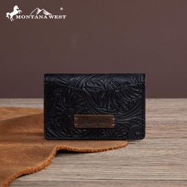 Montana West × Wrangler Credit Card Wallet for Men Women Leather Business Card Holder Slim Card Case Wallet Embossed Western Design Card & Id Cases, Black