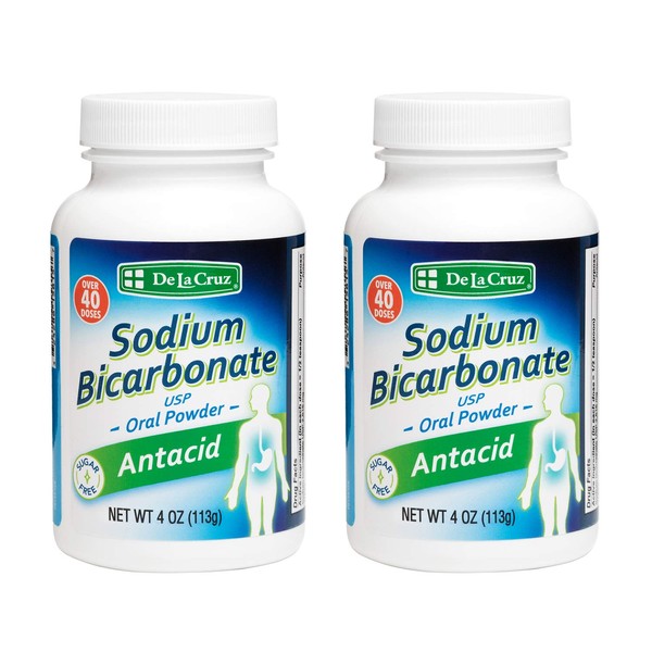 De La Cruz Pure Sodium Bicarbonate - USP Grade Bicarbonate of Soda – 100% Pure Baking Soda – Aluminum Free Antacid Powder for Heartburn & Indigestion - Packed in USA, 4 OZ. (2 Bottles)