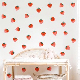 Watercolor Strawberries Wall Decals Vintage Fruit Wall Sticker Retro Strawberry Wall Stickers Peel and Stick Kitchen Declas Boho Stickers for Nursery Kid Room Decor