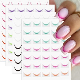 18Sheets Gradient Color French Tip Line Nail Stickers 3D Self-Adhesive Colorful Geometric Curve Lines Nail Decals Colorful Curved Nail Designs Wave Stripe Guide Nails Supplies for Women DIY Nail Decor