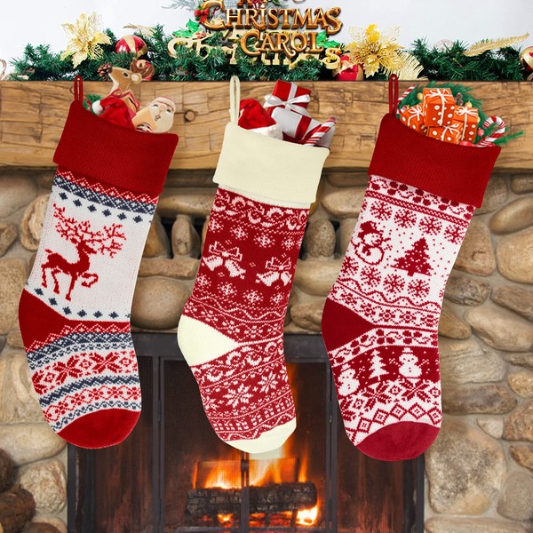 Shinee one Christmas Stocking Set of 3, 18 inch Large Knitted Xmas Stockings for Tree Decoration, Personalised Sock Gift Bag for kids/Adults/Teenagers, Stockings Christmas for Fireplace Ornam