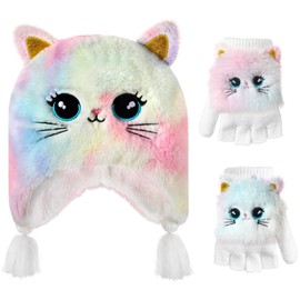 Girls Hat and Gloves Set, Winter Hats and Gloves for Kids, Fluffy Earflap Cat Beanie with Winter Mitten for Kids