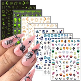 Alien Nail Art Stickers, 3D Planet Astronaut Earth Moon Star UFO Rocket Nail Transfer Decals, Gold Luminous Nail Self-Adhesive Sticker Designs, DIY Resin Nail Decal Manicure Decorations for Women