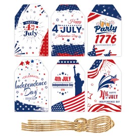 60 PCS Independence Day Paper Gift Tags Red Blue Patriotic Sign Tags with Hemp Rope Hanging Labels Gift for Happy 4th July Day Holiday Party DIY Presents Package Prnament Kits