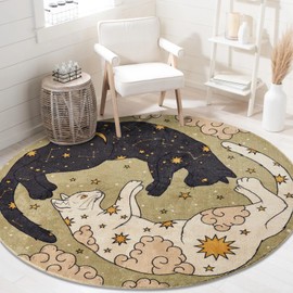 Estmy Washable Mystical Cat Rug, Ultra Thin Vintage Retro Abstract Celestial Zodiac 4ft Around Area Rugs for Bedroom Living Room Dorm Entryway Kitchen, Bohemian Cute Whimsical Circle Carpet