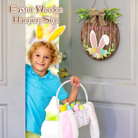 Capoda Easter Wooden Hanging Sign Bunny Rabbit Welcome Door Hanger Rustic Easter Wood Wreath Sign for Front Door Spring Home Farmhouse Window Door Decorations