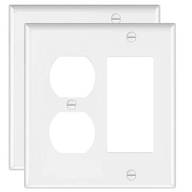 Combination Duplex Receptacle Outlet/Rocker Light Switch Wall Plate,Smooth Face, White,Standard Size 4.50" x 4.57",Unbreakable Polycarbonate Thermoplastic,UL Listed,2-Pack