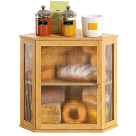 Vriccc Corner Bread Box, Large Bamboo Bread Box for Kitchen Countertop, 2 Tier Wooden Bread Storage (Natural, Large)