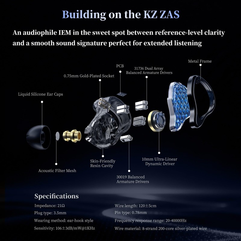KZ ZAS Pro 7BA+1DD in Ear Monitor Headphone, 3.5mm Jack