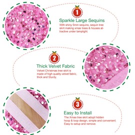 Pink Tree Skirt Small Sequin Christmas Tree Skirt 21 Inch Velvet Mini Tree Skirt for Pencil Tree Glitter Christmas Tree Skirts Pink Tree Collar Sparkle Tree Skirt for 4FT Tree Christmas Decorations