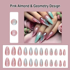 ANDGING Pink Press on Nails Almond Short Medium Glue on Nails for Women Fake Nails with Geometry Designs Aesthetic Acrylic Stick on Nails for Wedding Classy Full Cover Manicure Gel False Nails