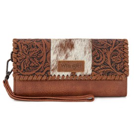 Montana West X Wrangler Women's Cowhide Wallet Trifold Phone Wristlet Wallets, Card Cases & Money Organizers Brown Clutch RFID Wallets for Womens Ladies Female Travel Credit Card Wallet WG196-W0563BR