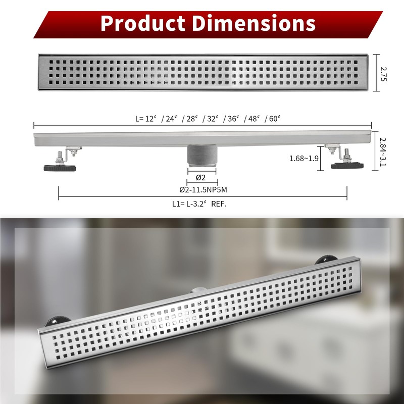 Sharp-tec 32 inch Linear Shower Drain, Brushed Rectangular Floor Drain,