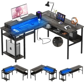 Unikito Reversible L Shaped Desk with Power Outlets and RGB LED Light, Sturdy Computer Desk with Ergonomic Monitor Stand and Storage Shelves, Corner Desk for Home Office, Easy Assembly, Black Oak