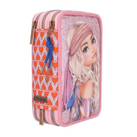 Depesche 11977 TOPModel Seventies - Filled 3-Compartment Pencil Case with Glitter, Model Motif and Heart Pattern, Pencil Case in Pink with Colouring Pencils, Ruler, Scissors and Much More