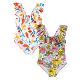 Angel season Girls' Swimwear one Piece Swimsuits for Kids Little Kids with UPF 50+ Cute Ruffle Bathing Suit Summer Swimming Suit Quick Dry for Beach Sport Crossback Size 6 Sunflower Floral