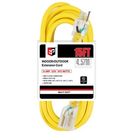 EP 15 Ft Lighted Outdoor Extension Cord - 10/3 SJTW Heavy Duty Yellow Extension Cable with 3 Prong Grounded Plug for Safety, UL Listed