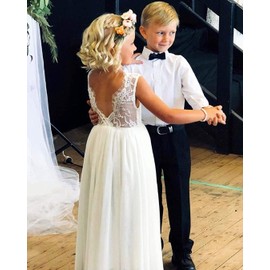 2Bunnies Girl Rose Lace Back A-Line Straight Tutu Tulle Party Flower Girl Dresses (White Sleeveless Maxi, 7/8)