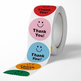 Samcos Thank You Stickers, Round Color, Thank You Stickers, Smile's Facial Expression, Happy Cute Stickers, Appreciation, Gifts, Wrapping, Pack of 500, 1 Piece 1 1 (red, yellow, pink, green, orange, light blue, blue-purple)