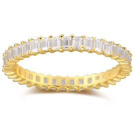 Vescence 18K Gold Plated Dainty Vertical Baguette Eternity Band | CZ Stacking Ring in Gold | Womens Gold Stackable Ring Promise Ring Wedding Jewelry Hypoallergenic [Size 8] (VES-2021-R-3-S8)